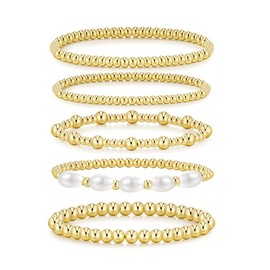 TOFBS 5 Piece Bracelet Set Women's Stackable Pearl Bracelet Gold Beads Bracelet Jewellery Set for Bridesmaid Wedding, Metal