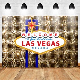 Avezano Las Vegas Party Backdrop Fabulous Casino Poker Birthday Party Decoration Banner Las Vegas Vintage Gold Sequin Photography Background Photoshoot Props（It doesn't really glow.） (7x5ft)
