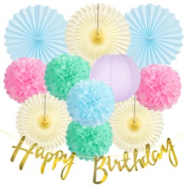SUNBEAUTY Colourful Paper Fan Set Beige Birthday Decoration Purple Decoration Green Tissue Paper Pink Pom Poms Light Blue Paper Fan Green Lantern Happy Birthday Banner for Garden Party Decoration Baby