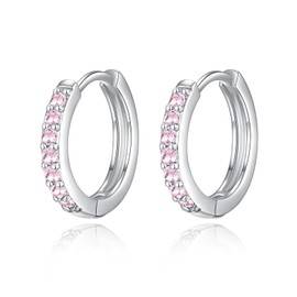 Silver Earrings for Women | Sterling Silver Hoop Earrings | Hypoallergenic Small Huggie Hoop Earrings Pink Cubic Zirconia Hoops Women Earrings Jewellery for Girls Birthday Christmas Wedding Gifts