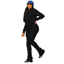 PINSV Women's Sweatsuits Sets 2 Piece Outfits Drawstring Hoodies Stacked Jogger Sweatpants Tracksuits Casual Set Black XL