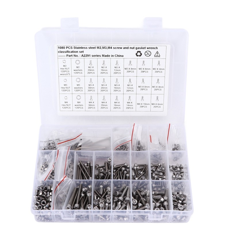 1080Pcs/Set M2 M3 M4 Screw Nut Gasket Kit Stainless Steel