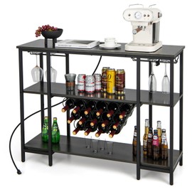 Giantex Wine Rack Freestanding Floor, Bar Cabinet for Liquor, Kitchen Bakers Rack w/ 2 Wine Glass Holders, 15 Bottle Racks, Charging Station, Coffee Bar Table for Home Kitchen Dining Room, Gray
