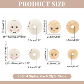 PH PandaHall 60pcs Spacer Wood Smile Beads 4 Sizes Wooden Face Beads Natural Face Print Round Beads Painted Wooden Loose Beads for Animal Model Head Bracelet Necklace Jewellery Making, 17-25mm