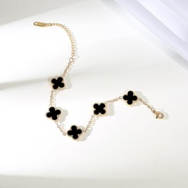 GRBeid 18K Gold Plated Bracelet Gold Clover Bracelet Set for Women Four Leaf Lucky Bracelets Dupes Trendy Jewelry Birthday Gifts for Women Black