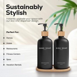 Black Glass Hand and Dish Soap Dispenser Set by Brighter Barns - Kitchen Soap Dispenser Set with Tray - Bamboo Soap Dispenser for Kitchen Sink - Modern Kitchen Decor, Boho Kitchen Decor (Black)