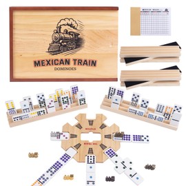 Double 15 Mexican Train Dominoes Set for Adults with 8 Wooden Trays, 8 Train Markers with Velvet Pouch, 136 Color Dot Tiles, Solid Wood Hub & Scorepad in Drawer Box – Classic Family Board Game Gift