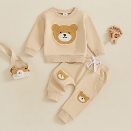 Toddler Baby Boy Girl Fall Winter Outfits Long Sleeve Animal Pattern Embroidery Sweatshirt Pullover Shirts with Elastic Waist Sweatpants Sets 2Pcs Clothes for Little Boys (Apricot, 18-24 Months)