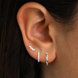 3 Pairs of Earrings Silver Gold Set Women's 14k Gold-Plated / 925 Silver Small Stud Earrings Hoop Earrings Waterproof Plug Hypoallergenic Stackable Jewellery Gift for Multiple Ear Holes, L, Brass,