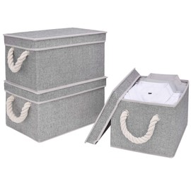 StorageWorks Storage Bins with Lid and Soft Rope Handles, Foldable Storage Basket, Gray, 3-Pack, Large,15.1x10.8x8.4 inches (LxWxH)