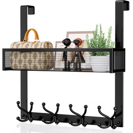 Consumest Over The Door Hooks Organizer - Over Door Hanger with 16 Hooks & 2 Baskets for Hanging Coat, Clothing, Towel, Back Storage for Bathroom, Closet, College Dorm, Black