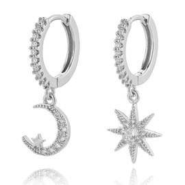 925 Sterling Silber Creolen Ohrringe mit Anhänger, Asymmetrische Stern Mond Funkelnde CZ Tropfen Ohrringe für Damen, Hypoallergen Kleine Schlafen Knorpel Ohrringe Schmuck Geschenk