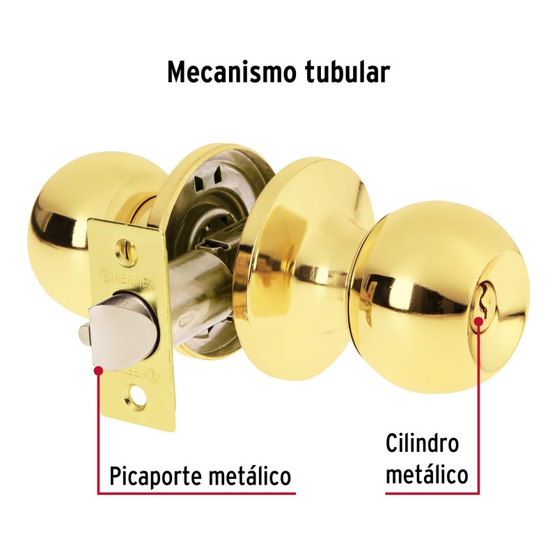 Hermex Basic BALT-LB-RP, Cerradura pomo, recámara, tubular, latón brillante