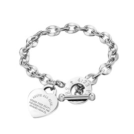 Heart Charm Bracelet Plated Charm Link Bracelets for Women Men,Stainless Steel Christian Cross Bible Verse Proverbs 4:23 Link Bracelet Toggle Clasp Closure 14K Rose Gold Silver Bracelet (Silver)