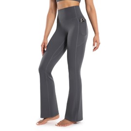 ENERBLOOM Women's Workout Flare Yoga Pants with Pockets High Waisted Bootcut Leggings Tummy Control 30'' Grey Small