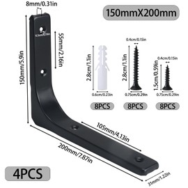 Fairblo 4 Set Black Shelf Bracket 200 x 150mm L Brackets for Shelves Heavy Duty Wall Mounted Brackets with Screws Metal Right Angle Bracket Shelf Support for Bookshelf Wood Board Garden Shelf