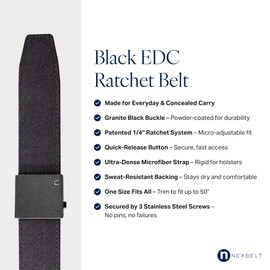 Nexbelt Supreme EDC Ratchet Belt 1.5” – Black Tactical Belt for Appendix Carry – Quick-Release Buckle, Nylon Strap, Concealed Carry, Work, Everyday Wear – Fits up to 50” Waist