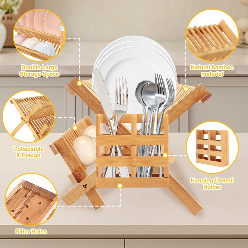 Tefola Bamboo Dish Drying Rack, 2-Tier Foldable Design with Utensil