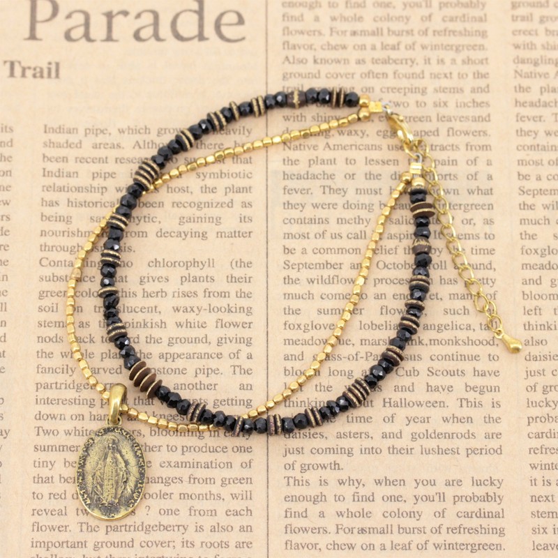 ocean Anklet Black Spinel Cross Maria Medal Coin Gold Brass