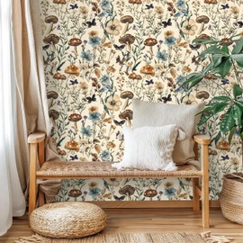 Froluya Mushroom Wallpaper Peel and Stick Vintage Floral Contact Paper 16.9" x 118.1" Boho Self Adhesive Removable Wallpaper Mushroom Forest Decorative Contact Paper for Bathroom Cabinets Vinyl