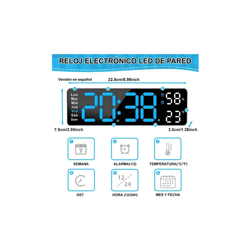 Reloj De Pared Digital Con Termómetro, Alarmas Y Calendario