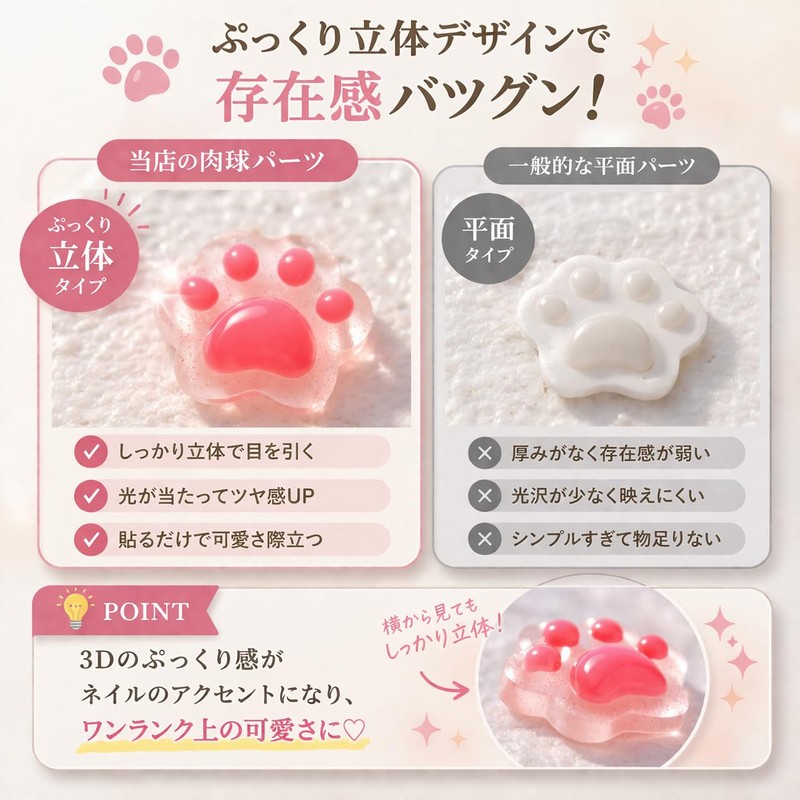 【快適良品スヤスワ】ネイルパーツ 猫 肉球 小さい 60個セット（6色×各10個）デコパーツ 可愛い 立体 ネイルアートチャーム猫肉球