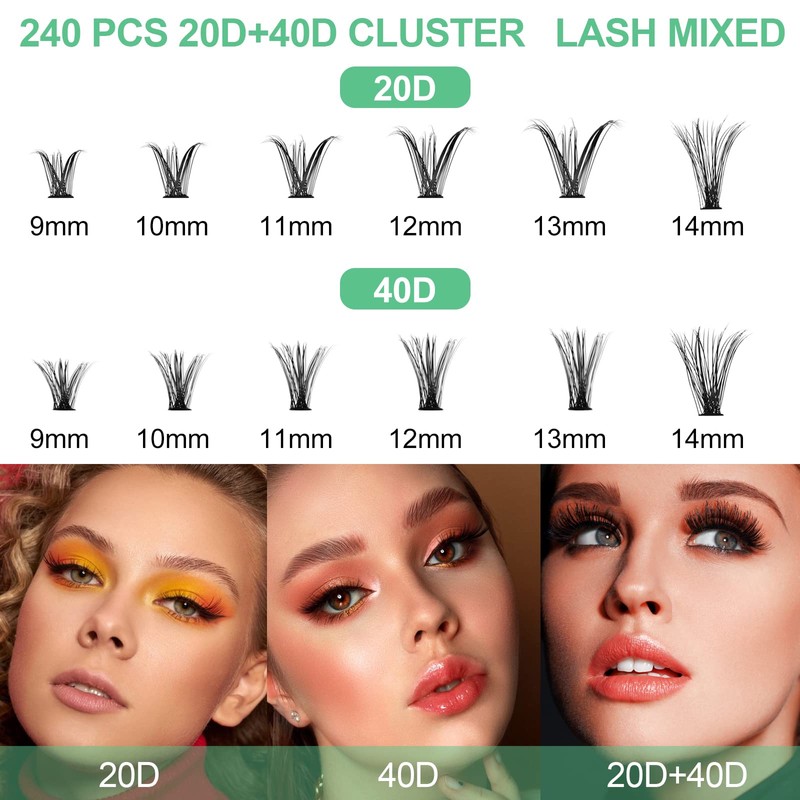 Fenshine Cluster Eyelash Extensions 240pcs 20D/40D Cluster Eyelashes Mixed, 0.07