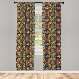 Ambesonne Traditional Window Curtains, Folk Funky Pattern with Eastern Bohemian Gypsies Funky Retro Effects, Lightweight Decor 2-Panel Set with Rod Pocket, Pair of - 28" x 84", Red Mustard
