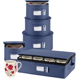 China Storage Hard Shell Containers 5-Piece Set Moving Boxes for Dinnerware, Glasses, Plates, Mugs and Saucers Sturdy Dish Organizer with Dividers for Seasonal Storage - Service for 12 - Denim Blue