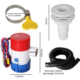 12v 1100GPH Boat Bilge Water Pump, 1-1/8 Inch Dia Bilge Pump Plumbing Kit, 6.5 FT Bilge Pump Hose, 2 Stainless Steel Clamps and Thru-Hull Fitting (Five-Piece)