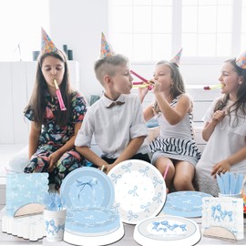 Blue Bow Birthday Party Supplies Serve 25,Coquette Birthday Decorations Bow Birthday Party Plates and Napkins for Girls Women Birthday,Bridal Engagement Party Decor