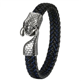 JewelryWe Men's Braided Leather Bracelet Stainless Steel Snake Clasp Simple Fashion Bangle Best Gift