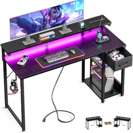 MOTPK Gaming Desk with LED Lights & Power Outlet, 55 Inch Computer Desk with Drawer, Reversible Desk with Monitor Stand & Headphone Hook for Bedroom, Black