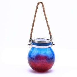 LuxenHome Blue and Red Crackle Glass Solar Outdoor Hanging and Table Lantern