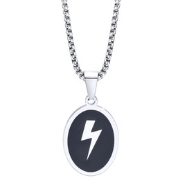 Rockyu Necklace for Men Black Oval Pendant Lightning Bolt Pattern Hypoallergenic Silver Stainless Steel Chain 60 cm Thanksgiving Gif