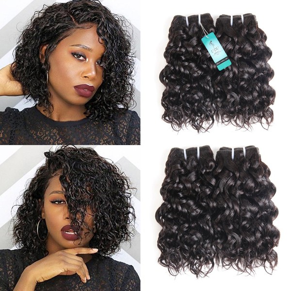 Water Wave Human Hair Bundles Ocean Wave Wet and Wavy Bundles UDU Malaysian 50g 1B# Human Hair Extensions Remy Hair Bundles Short Curly Hair (8 8 8 8inch without cloure)