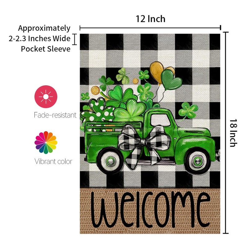 CROWNED BEAUTY St Patricks Day Shamrocks Truck Garden Flag 12x18