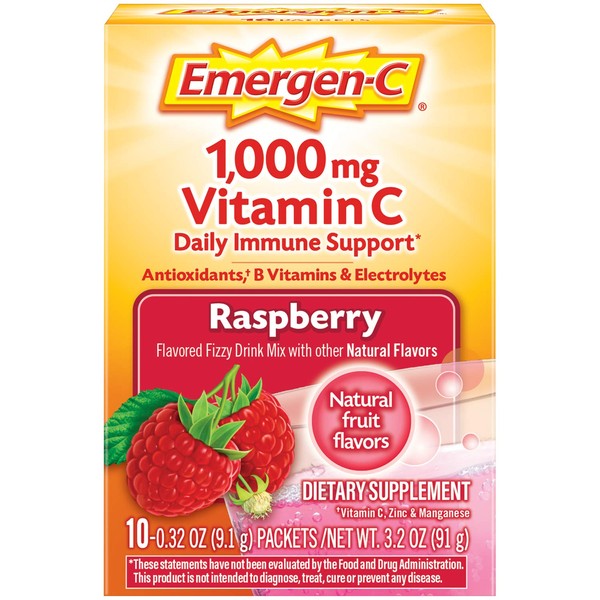 Emergen-C 1000mg Vitamin C Powder, with Antioxidants, B Vitamins and Electrolytes, Immunity Supplements for Immune Support, Caffeine Free Fizzy Drink Mix, Raspberry Flavor - 10 Count