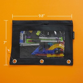 BAZIC Pencil Pouch 3 Ring Binder Pouch w/ Rivet Enforced Rings Hole, Black Mesh Window Zipper Pouches, 1-Count