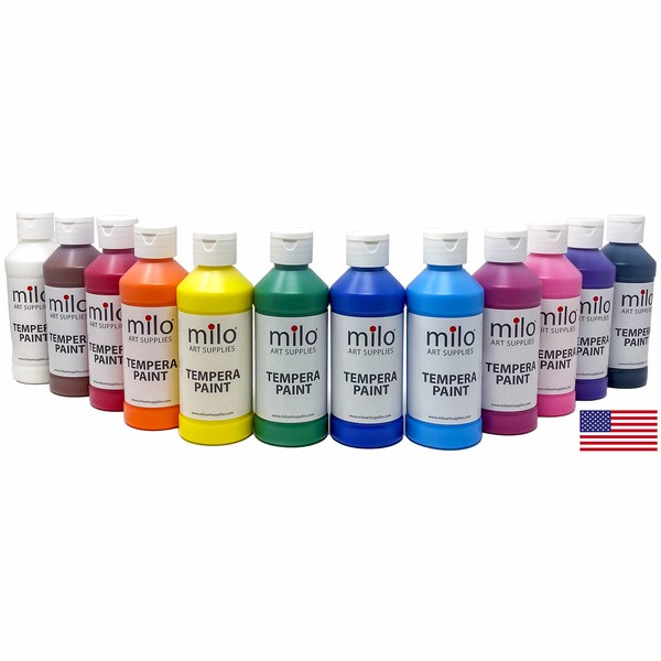 milo Tempera Paint Set of 12 Colors | 8 oz Bottles | Made in the USA | Washable and Non-Toxic Art & Craft Poster Primary Paints for Artists, Kids, & Hobby Painters