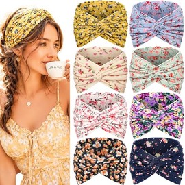 Awumbuk Wide Headbands for Women, 7.08 Inch Thick Boho Turban Style Hair Wraps, Non-Slip Moisture-Wicking Workout Headband for Sports, Yoga, Daily Fashion, 8 Pack Multi Colors