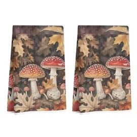 2Pcs Fantasy Mushroom Kitchen Towels, Fall Maple Leaves Decorative Absorbent Microfiber Dish Cloth Tea Towel, Durable Hand Towels for Farmhouse Home Bathroom Kitchen, Mushroom Gifts