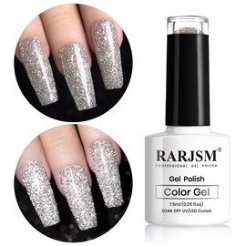 RARJSM Silver Glitter Gel Nail Polish,Reflective Glitter Gel Polish Silver Beige Holographic Iridescent Shimmer LED UV Soak Off Sparkle Diamond Gel Polish Nail Art Manicure Salon DIY at Home
