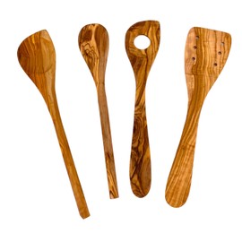 Balna Olive Wood Kitchen Set, 4 Pieces, 3 Wooden Cooking Spoons and 1 Spatula with Holes