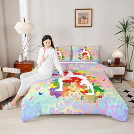 Gymnastics Silhouette Comforter Set,Rainbow Watercolor Leopard Bedding Set for Kids Girls Women Gymnast Bedroom Cheerleading Dancing Lover Quilt Set Fantasy Animals Fur Duvet Insert Twin Size