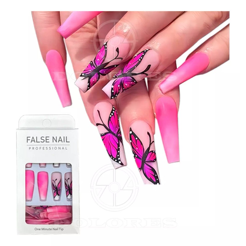 Dolores Kit Uñas Postiza Y Pegamento Larga Con Diseño Press