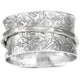 Jude Jewelers Stainless Steel Floral Pattern Chunky Size Rotating Spinner Band Ring, Metal, Cubic Zirconia