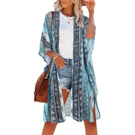 CHICGAL Resort Wear for Women 2023 Oversized Beach Cover up Summer Vacation Outfits(01-Blue Stripe Ethnic Print,M)