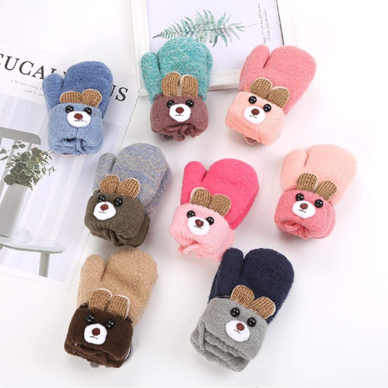 Newborn Gloves with String Knitted Wool Gloves Fluffy Mittens Cartoon