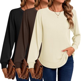 Ficerd 3 Pack Women's Long Sleeve Shirts, Cotton Crew Neck Tunic Tops Casual Loose Fit Pullover Sweatshirts Curved Hem Shirts(Black, Dark Brown, Cream White,Small)